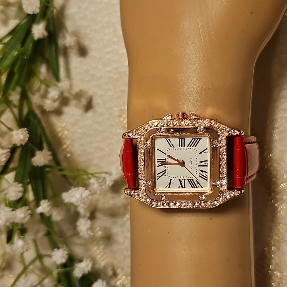 Rhinestone Bezel Watch - Red